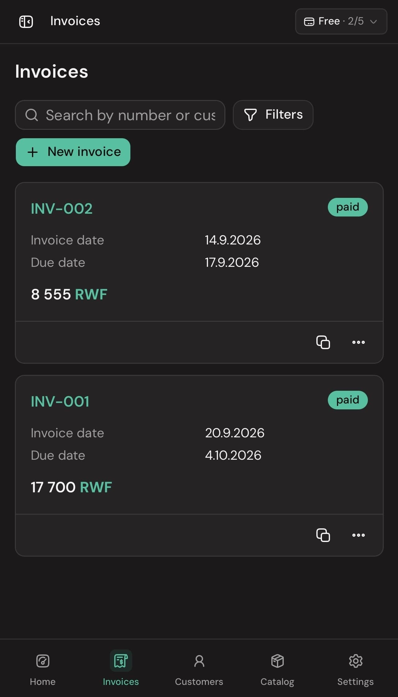 SmartFaktura mobile invoices list