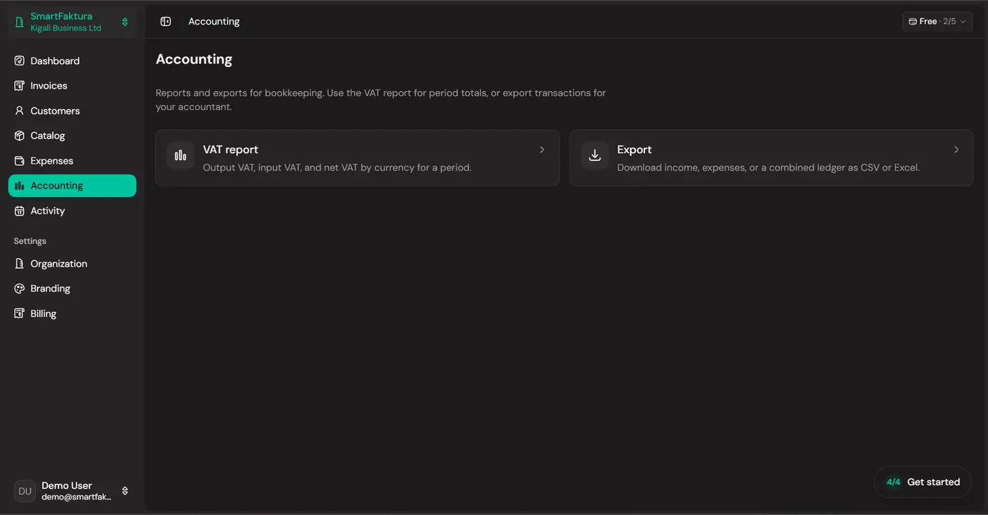 SmartFaktura accounting overview with export options