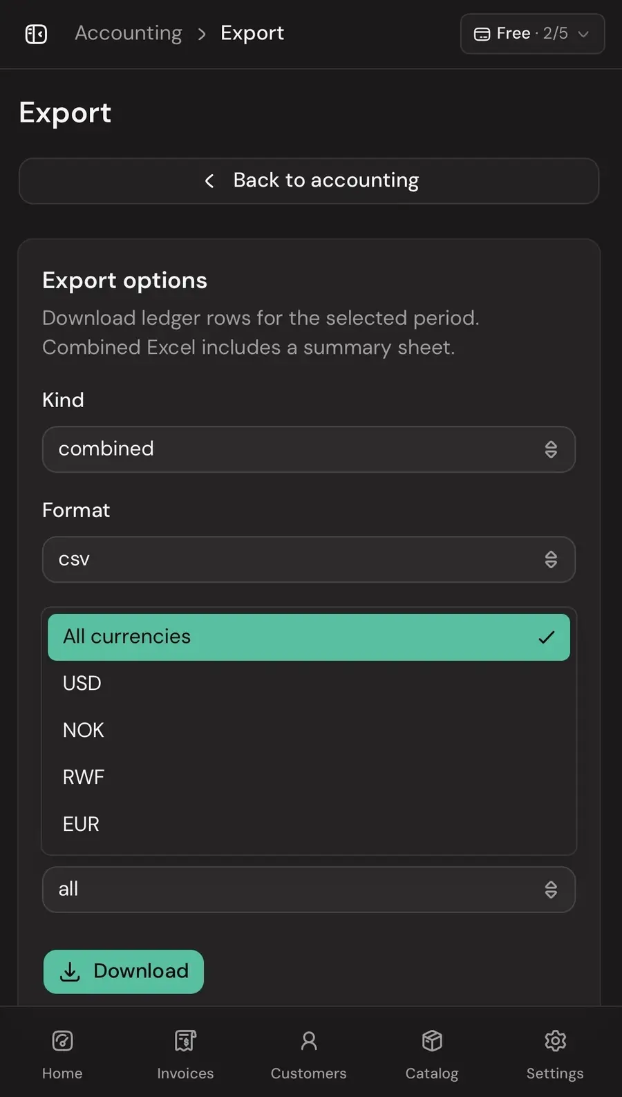 SmartFaktura export with RWF, USD, EUR and NOK currencies