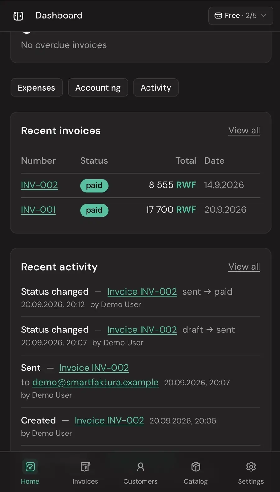 SmartFaktura mobile dashboard